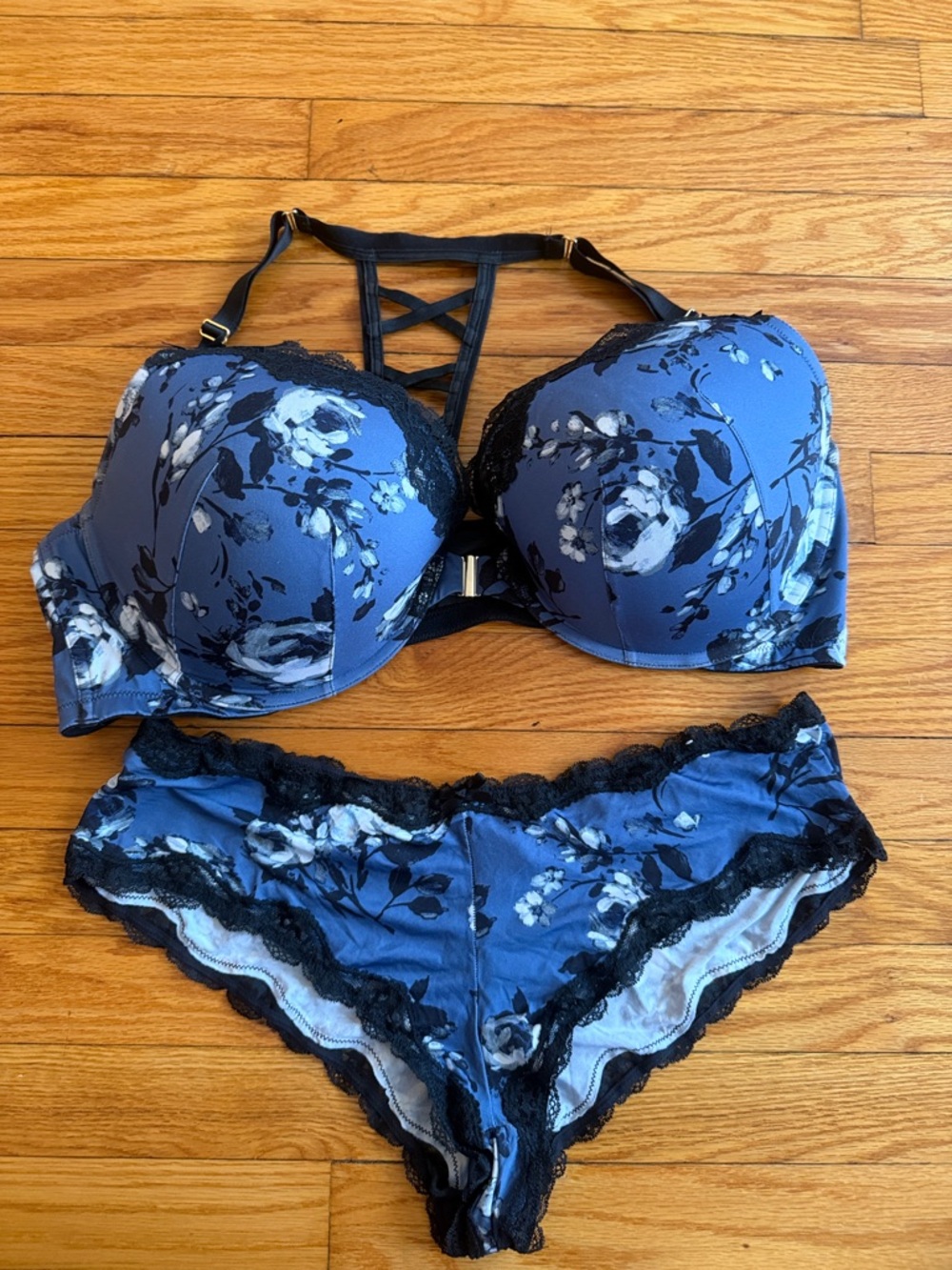 Cacique Blue Floral Lace-Trim Push-Up Bra & Cheeky Set